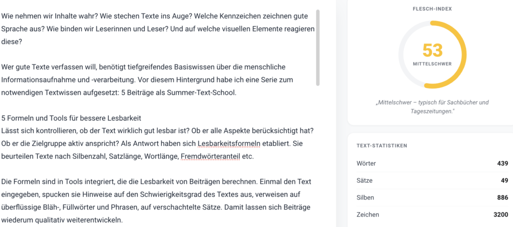 Der Flesch-Index zeigt als Ergebnis 53 mittelschwer für diesen Text.